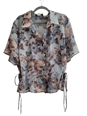 VTG Connected Woman 22W 90s Floral Button Front Blouse Blue Brown Crinkle Tie